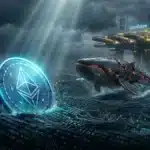 Photographie cinématique d'une baleine mécanique s'approchant d'une plateforme avec un Ethereum qui coule, symbolisant la chute du prix de l'ETH.