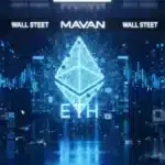 Un symbole Ethereum en bleu néon au centre d'un centre de données ultra-moderne, symbolisant le staking massif des entreprises institutionnelles.