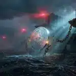 Photographie cinématique d'une pièce Ethereum brisant ses chaînes et chutant dans un océan numérique, symbolisant la baisse du prix et les liquidations.