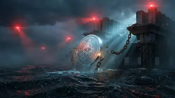 Photographie cinématique d'une pièce Ethereum brisant ses chaînes et chutant dans un océan numérique, symbolisant la baisse du prix et les liquidations.