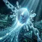 Photographie cinématique d'une pièce Ethereum brisant des chaînes de glace, symbolisant l'explosion de l'ETH et de la crypto DeFi.