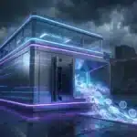 Illustration d'un flux massif de pièces Ethereum sortant d'un coffre-fort technologique sous un ciel d'orage