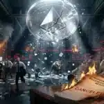 Photographie cinématique d'un logo Ethereum se fissurant au-dessus de Wall Street, symbolisant l'annulation de l'entrée en bourse de The Ether Machine.