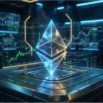 Hologramme du logo Ethereum entouré de données financières symbolisant le marché des produits dérivés.