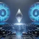Photographie cinématique d'un monolithe Ethereum au-dessus d'un gouffre mécanique, symbolisant la menace sur la crypto DeFi face à une solide infrastructure.