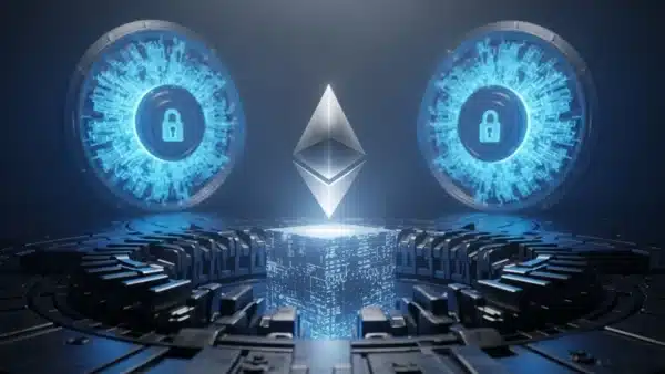 Photographie cinématique d'un monolithe Ethereum au-dessus d'un gouffre mécanique, symbolisant la menace sur la crypto DeFi face à une solide infrastructure.