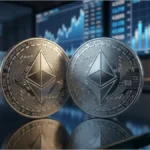 Deux pièces d'Ethereum argentées devant des graphiques de trading en arrière-plan