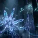 Illustration futuriste de la blockchain Ethereum et des protocoles DeFi représentés par des cristaux et des monolithes technologiques.