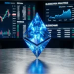 Logo Ethereum cristallin devant des écrans de trading affichant des graphiques de prix et des flux institutionnels