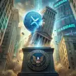 Photographie cinématique d'une pièce XRP fusionnant avec Wall Street sous le regard de la SEC, symbolisant l'entrée d'Evernorth au Nasdaq.