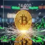 Un Bitcoin doré brisant un plafond de verre vers le haut, symbolisant le franchissement de la résistance des 74 000 dollars.