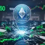 Une pièce Ethereum brillante brisant un plafond de verre vers le haut, symbolisant la cassure de la résistance des 2 360 dollars.