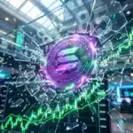 Une pièce Solana brillante brisant un plafond de verre vers le haut, symbolisant la cassure de la résistance des 85 dollars.