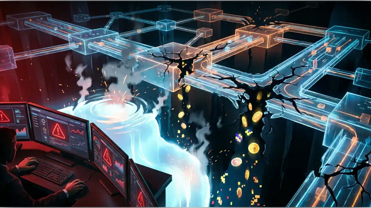Illustration réaliste d’un effondrement du réseau DeFi avec ponts blockchain cassés et fuite de liquidité