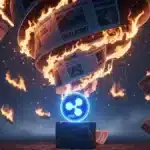 Photographie cinématique d'un jeton XRP entouré de journaux en feu, symbolisant la destruction d'une fake news boursière.