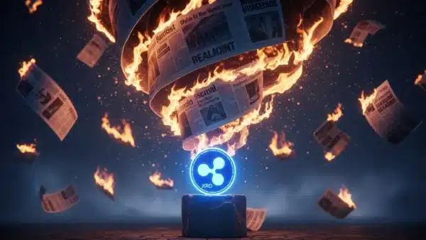 Photographie cinématique d'un jeton XRP entouré de journaux en feu, symbolisant la destruction d'une fake news boursière.