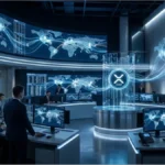 Salle de marché futuriste montrant les réseaux de paiement mondiaux et le cours du XRP