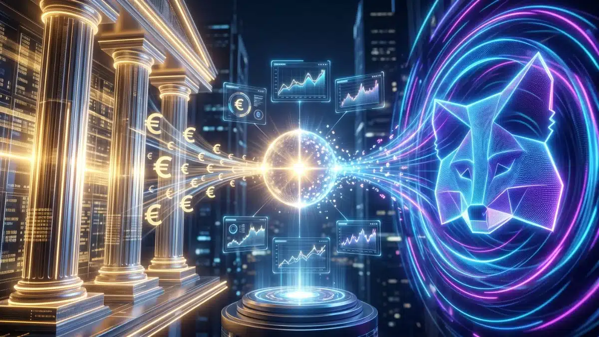 Illustration conceptuelle montrant le flux d'euros entre des colonnes de banque traditionnelle et un portefeuille crypto MetaMask dans un environnement futuriste.