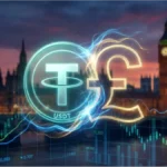 Logos de Tether USDT et de la livre sterling devant le palais de Westminster à Londres