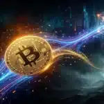 Illustration d'une pièce Bitcoin dorée avec une silhouette mystérieuse représentant Satoshi Nakamoto et des flux de données numériques