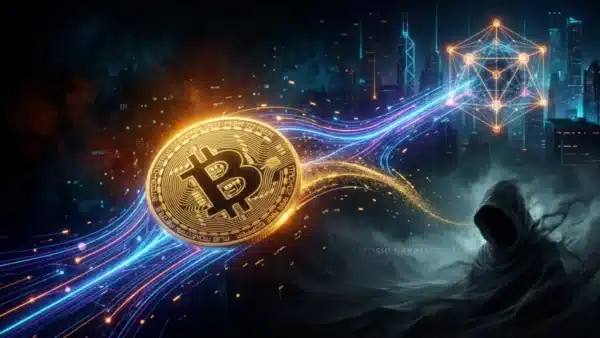 Illustration d'une pièce Bitcoin dorée avec une silhouette mystérieuse représentant Satoshi Nakamoto et des flux de données numériques