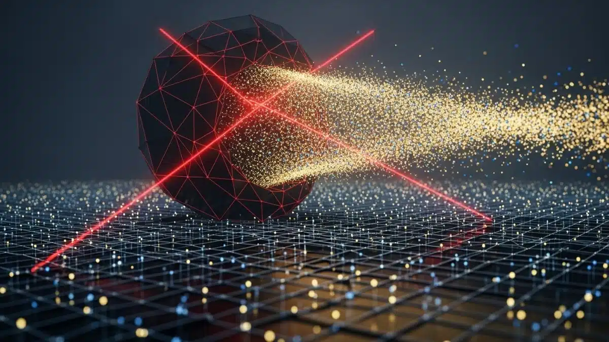 Illustration abstraite et sombre d'un vortex numérique aspirant massivement des particules lumineuses dorées depuis un réseau fragile, symbolisant le siphonnage des fonds crypto par les réseaux criminels.