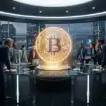 Réunion de dirigeants autour d'un hologramme Bitcoin symbolisant une fusion crypto