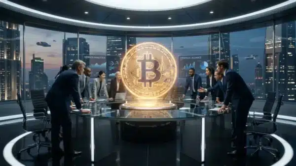 Réunion de dirigeants autour d'un hologramme Bitcoin symbolisant une fusion crypto