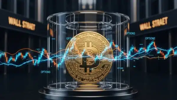 Un Bitcoin doré enfermé dans une structure de verre technologique, entouré de graphiques d'options boursières lumineux en arrière-plan tel Goldman Sachs.