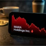 Écran de smartphone affichant la baisse de l'action MARA Holdings