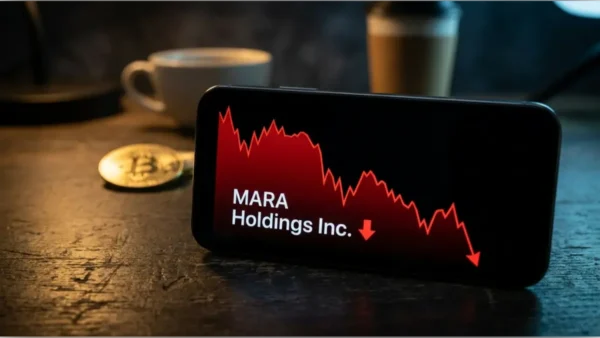 Écran de smartphone affichant la baisse de l'action MARA Holdings