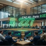 Écran d'affichage boursier montrant la hausse du CAC 40 à la Bourse de Paris