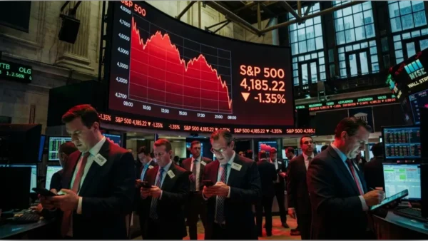 Graphique boursier affichant la baisse du S&P 500 sur des écrans de trading
