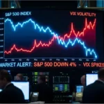 Graphique boursier illustrant la baisse du S&P 500 et la hausse de la volatilité