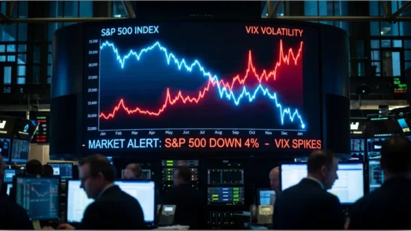 Graphique boursier illustrant la baisse du S&P 500 et la hausse de la volatilité