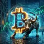 Taureau de Wall Street illuminé par le logo Bitcoin et des graphiques haussiers