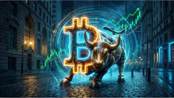 Taureau de Wall Street illuminé par le logo Bitcoin et des graphiques haussiers