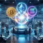 Hologrammes de Bitcoin, Ethereum et Solana représentant le nouvel ETF Crypto de GSR.