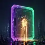 Photographie cinématique d'un immense coffre-fort numérique (crypto DeFI) fissuré laissant s'échapper une lumière dorée, symbolisant le hack de Drift Protocol sur le réseau Solana.