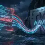 Représentation numérique d'un smart contract piraté siphonnant un coffre-fort Aave pour illustrer la crise DeFi