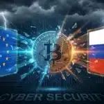 Drapeaux européen et russe séparés par une cryptomonnaie brisée