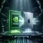 Photographie cinématique d'une puce Nvidia fusionnant avec un processeur Apple, symbolisant l'innovation matérielle pour l'intelligence artificielle.