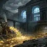 Photographie cinématique d'une rivière de pièces numériques qui s'assèche devant une banque classique, symbolisant la baisse de l'investissement crypto.