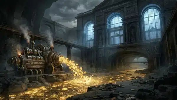 Photographie cinématique d'une rivière de pièces numériques qui s'assèche devant une banque classique, symbolisant la baisse de l'investissement crypto.