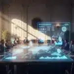 Photographie cinématique d'une salle de conseil de Wall Street étudiant une projection holographique de marchés de prédiction.
