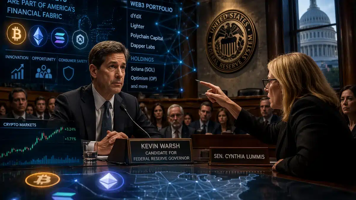 Kevin Warsh et la sénatrice Cynthia Lummis discutant de la régulation des cryptomonnaies et du Web3 devant la Réserve Fédérale.