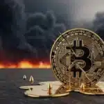Illustration conceptuelle d'un Bitcoin se fracturant sous une tempête noire, symbolisant la correction des cryptomonnaies face aux tensions géopolitiques.