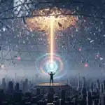 Photographie cinématique d'un Vitalik Buterin défiant un krach d'Ethereum symbolisé par une ville qui s'effondre, lançant un faisceau d'IA souveraine lumineuse à travers les ruines.