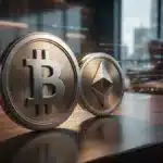 Kevin O'Leary devant les logos Bitcoin et Ethereum