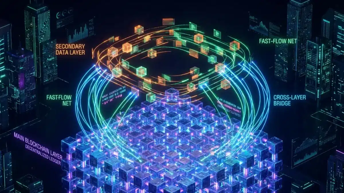 Schéma conceptuel d'une architecture Layer 2 montrant la connexion entre le réseau principal Ethereum et les couches de données secondaires.